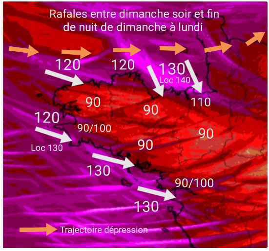 Alerte aux vents violents dimanche 15 et lundi 16 janvier • © Carte extraite du site Météo Bretagne