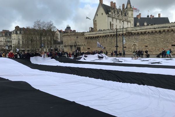 Un drapeau breton de 1400 m² : le plus grand du monde. Ici, devant le château des Ducs de Bretagne à Nantes le 20 février 2022. • © Christophe Amouriaux-France Télévisions